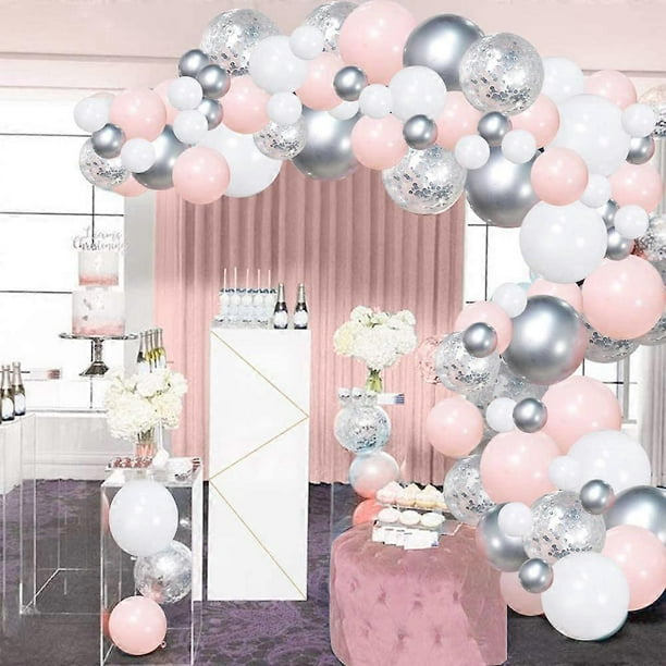 Silver Pink Balloons Garland Kit, 100pcs White and Silver Confetti Metallic Latex Balloons Arch with 16ft Tape Strip & Dot Glue for Girl Baby Shower