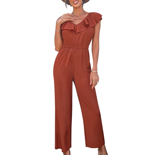 Mono largo de cintura alta con cuello en V para mujer, mono largo elegante informal sin mangas con volantes y pierna recta