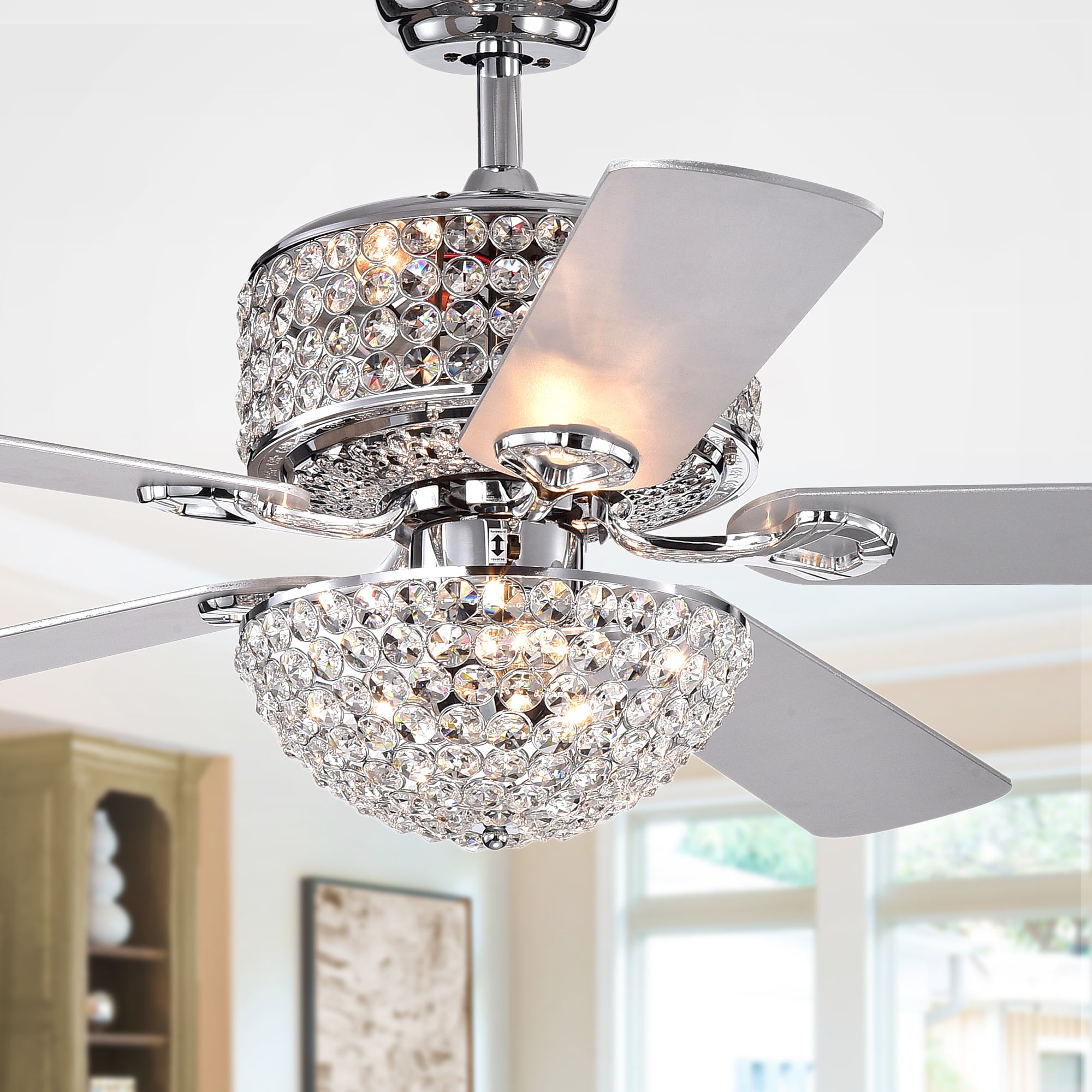 Laure Chrome 5-blade 52-inch Lighted Ceiling Fan with Crystal Shaded Chandelier (Remote Controlled)