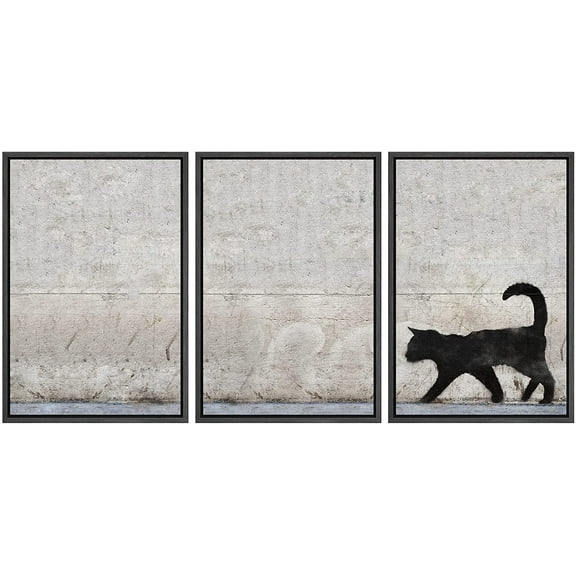 wall26 Framed Canvas Print Wall Art Set Black Cat Silhouette Triptych Graffiti & Street Art Cities Mixed Media Realism Scenic Urban Multicolor for Living Room, Bedroom, Office - 16"x24"