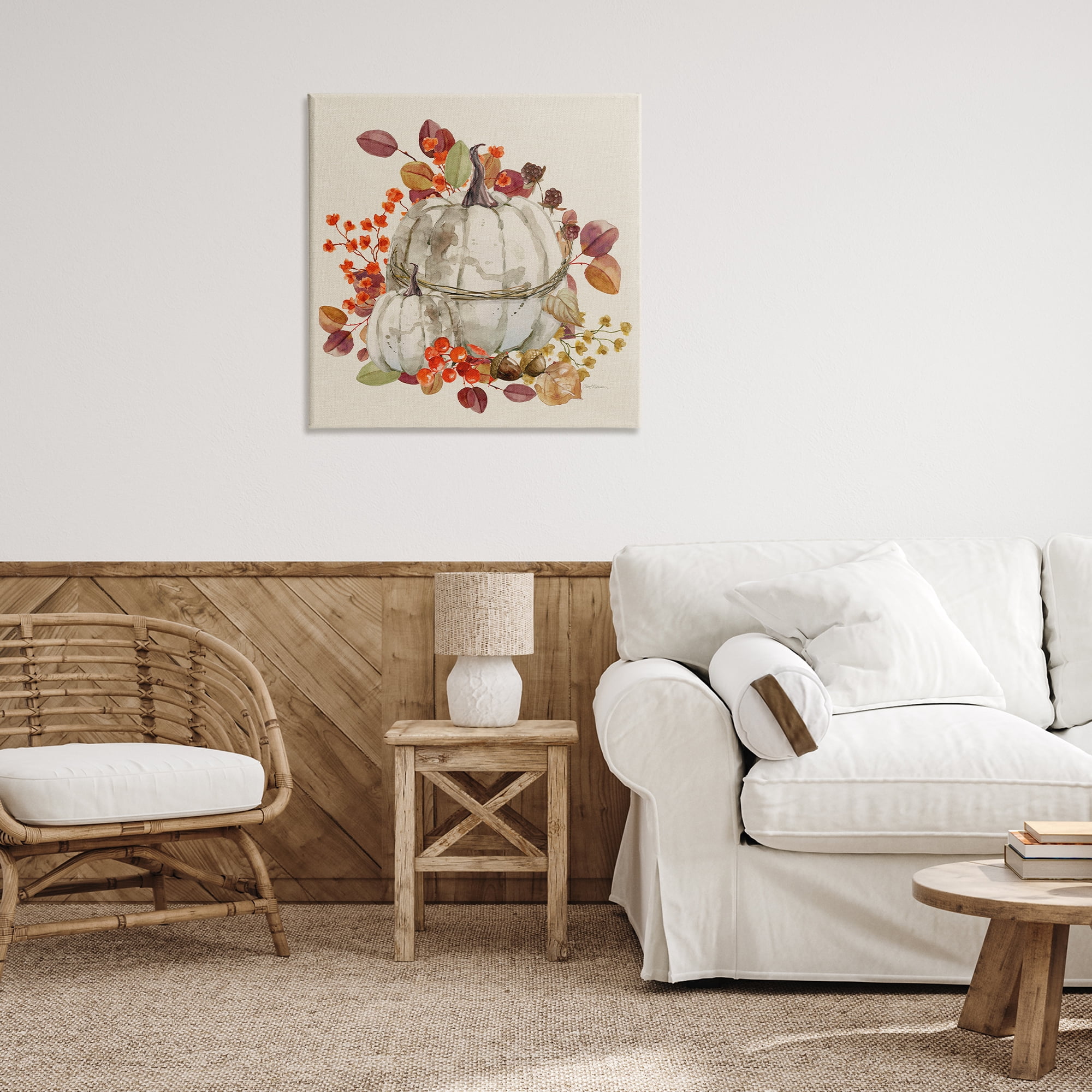 Stupell Industries Seasonal Pumpkin & Leaves Botanical & Floral Painting Gallery Wrapped Canvas Art Prints Wall Art, 30 x 30