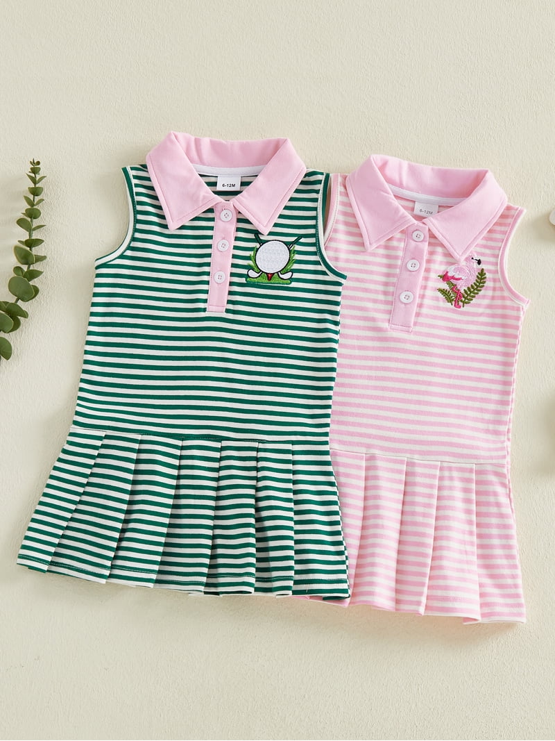 green and pink striped golf dress BemeyourBBs Toddler Baby Outfit Cute Infant Girls Summer Dress Sleeveless Turn Down Collar Embroidery Pleated Tank Dress A Line Dress NOIR