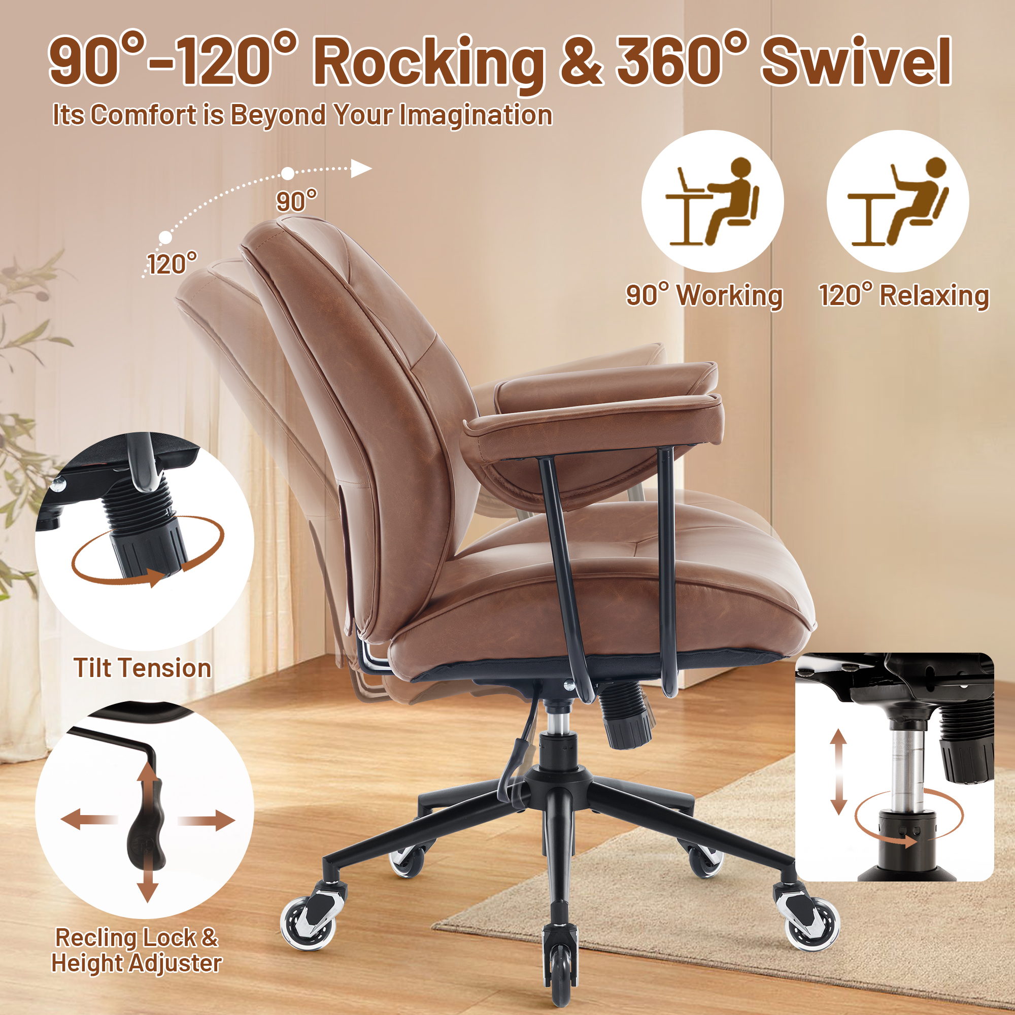 Mid Century Modern Office Desk Chair with Wheels and Arms, Mid Back Ergonomic Office Chair with Lumbar Support, Swivel Leather Computer Desk Chair for All Day Comfort