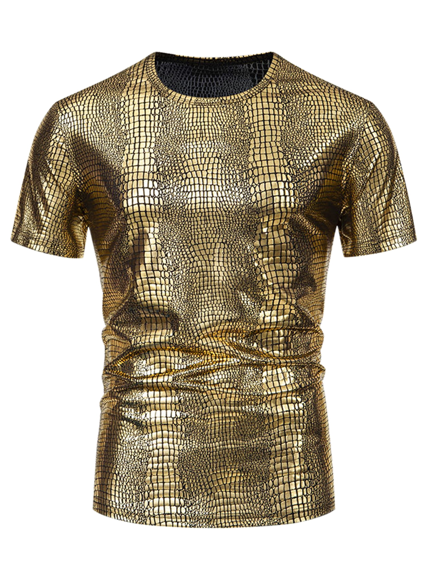 DARING DIVA Men's Metallic Crocodile-Pattern Short Sleeves Disco Party T-Shirt 2XL Golden