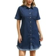 thumbnail image 2 of INSPIRE CHIC Women's Denim Button Front Frayed Hem Collared Short Sleeve Midi Dresses S Dark Blue, 2 of 6