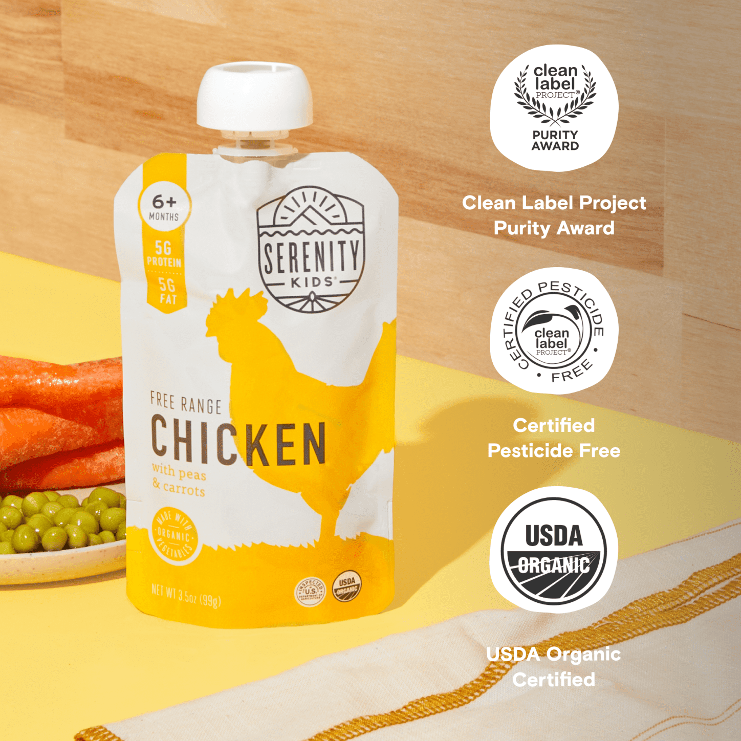 Serenity Kids Free Range Chicken Stage 2 Baby Food Organic Peas & Carrots, 3.5oz Pouch (6 Pack)