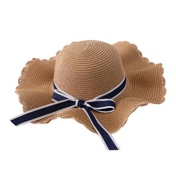 56-58cm hat circumference women's bow straw hat wavy edge ribbon big brimmed sun hat summer hat sunscreen beach sunshadeKhaki