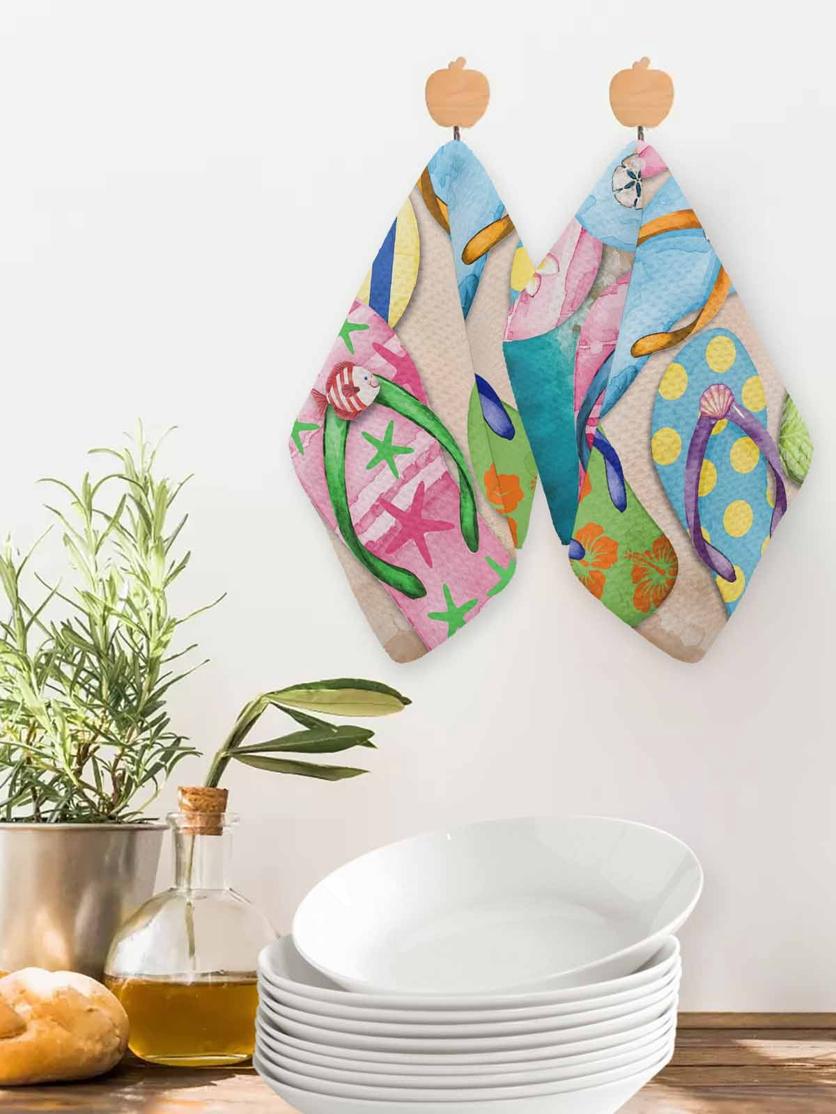 Colorful Flip Flops Dish Towels Set, Waffle Weave Kitchen Towels 3 Pieces, Summer Blue Beach Ocean Microfiber Hair Face Bath Tea Towel Absorbent Quick Drying Cleaning Dish Cloths 12"x12"