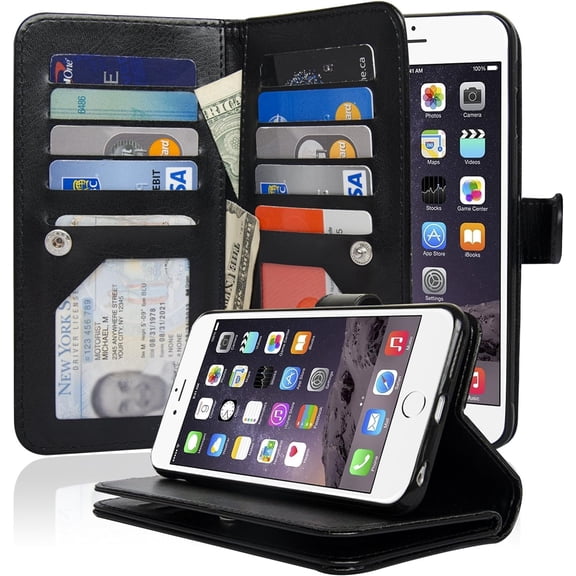 Detachable Magnetic Housing Flip Wallet Case - Compatible with iPhone 6 Plus/6S Plus [5.5 Inch] - 2 in 1 TPU Phone Case for 360 Degree Full Protection -Black