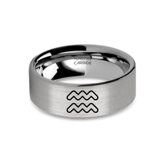 Aquarius Zodiac Water Bearer Symbol Silver Tungsten Ring, Brushed, 8mm, Size 15
