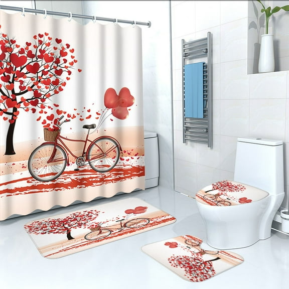 Wadada 4 Pcs Valentines Day Shower Curtain Set, Heart Valentine Shower Curtain, Valentines Bathroom Decor, Happy Valentines Day Bathroom Set with Hooks, (Shower Curtain Sets)