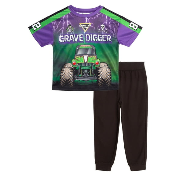 Monster Jam Grave Digger Mesh T-Shirt and French Terry Jogger Pants Outfit Set Toddler to Big Kid