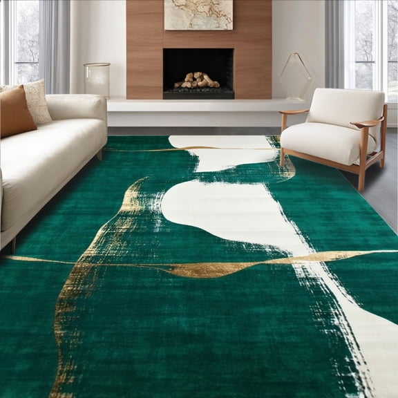 ODIKA 4'x6' Machine Washable Non-Slip Area Rug, Jade Serenity Modern Abstract Brushstroke Artistry High Traffic Rug, Teal, 145831