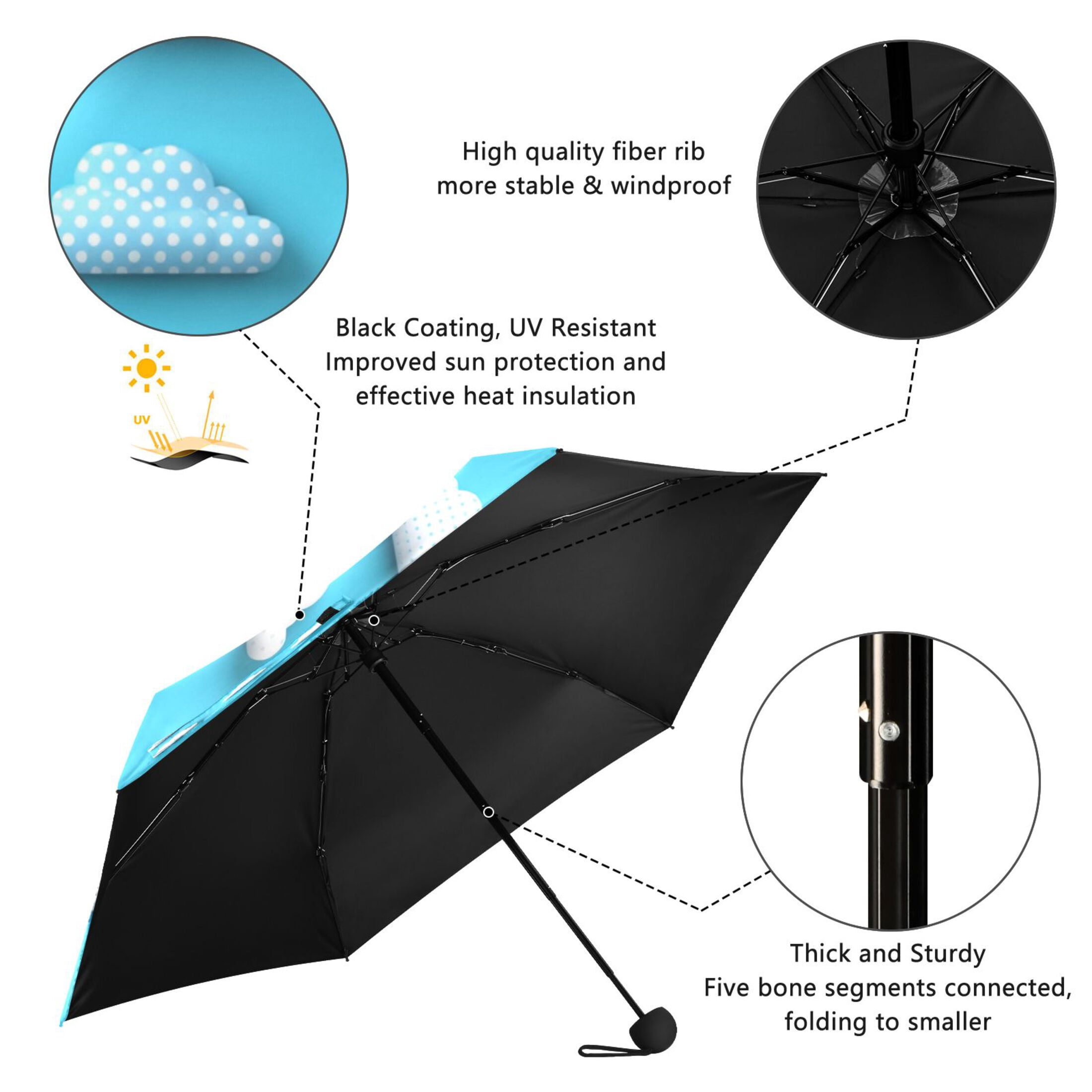 Polka Dot Clouds Umbrellas for Sun Auto Open Close UV50+ Waterproof 5-Fold Compact Fiberglass Frame