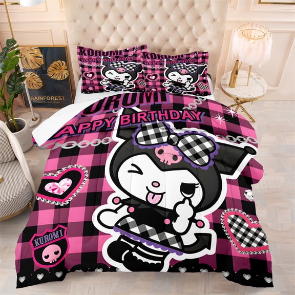 Kawaii 3-Pieces Pink Checkered Kuromi Comforter Bedding Sets, Full Size