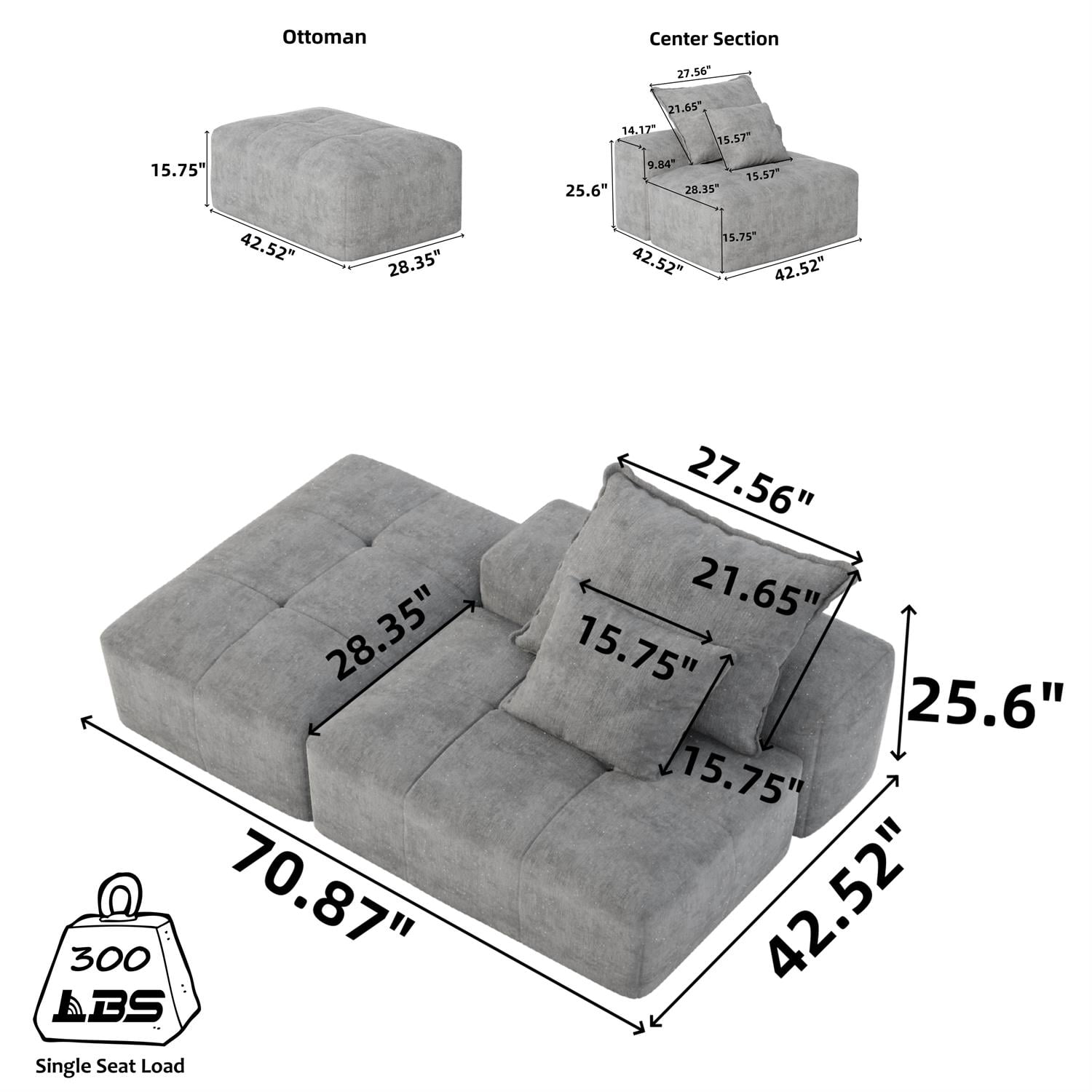 Demi Bonn 70" Modern Oversized Modular Sectional Sofa for Living Room, Chenille Fabric Couch with Cushion, 2 Plush Pillows, No Assembly Needed, Blue