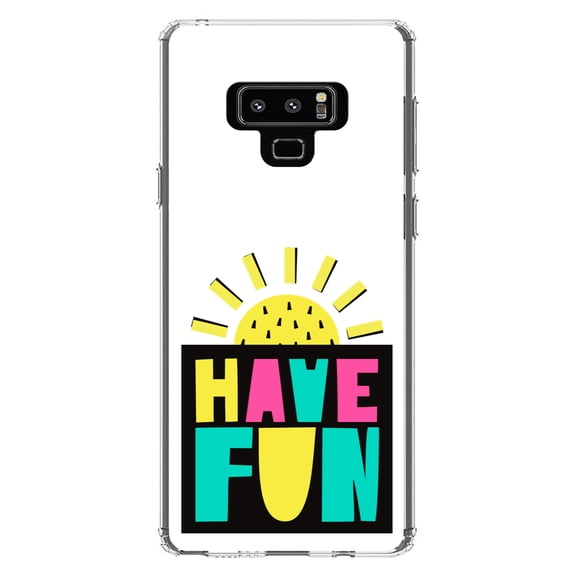 DistinctInk Clear Shockproof Hybrid Case for Samsung Galaxy Note 9 - TPU Bumper, Acrylic Back, Tempered Glass Screen Protector - Summer Graphics - Have Fun Yellow Teal Black