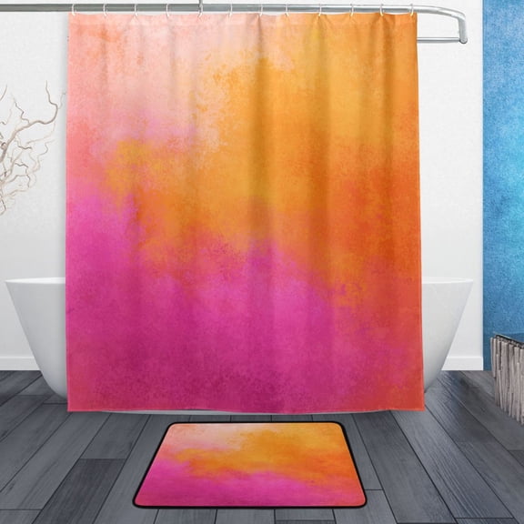 TTYFWHD 60" x 72" Shower Curtain and Bath Mat Set Pink Orange Watercolor Pattern Waterproof Bathroom Curtain with 12 Hooks, Bathroom Decor Set