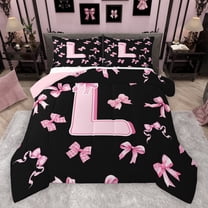 Feelyou Kawaii Monogrammed L Bedding Comforter Set for Teen, Black Pink Bow-tie Twin Comforter Sets, Cartoon Princess Bow Reversible Bedding Set, Microfiber Bedroom Decor, 2 Pieces