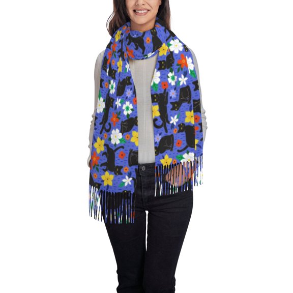 Cauagu Black Cats And Flowers Print Women Wrap Shawl tassels Scarves Retro Scarf 77.6"X28.3"