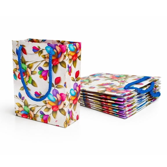Colorful Floral Printed Paper Gift Bags with Strong Blue Rope Handles, Durable Reusable Packaging Bags for Gifts, Parties, Retail