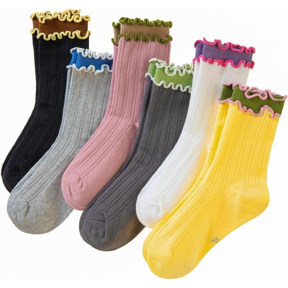 Girls Ruffle Socks Frilly Kids Crew Dress Cotton Soft Cute Toddler Socks 6 Pairs