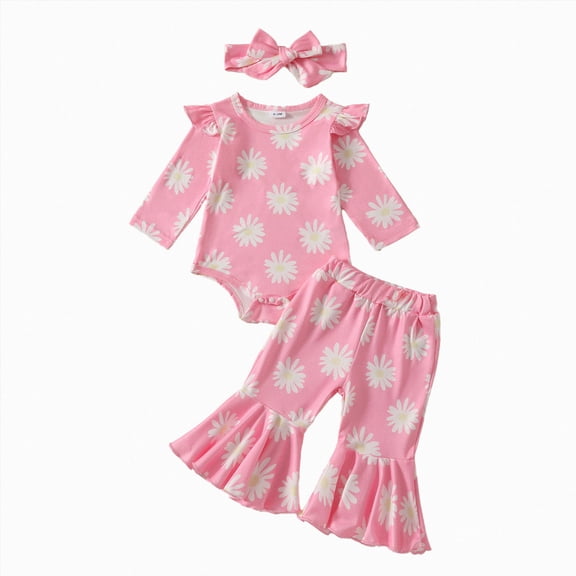 CAICJ98 Baby Girl Clothes Fall Winter Coming Home Outfits Long Sleeve Ruffle Romper Tops Bell Bottom Pants Sets with Headband, Size 12-18 Months