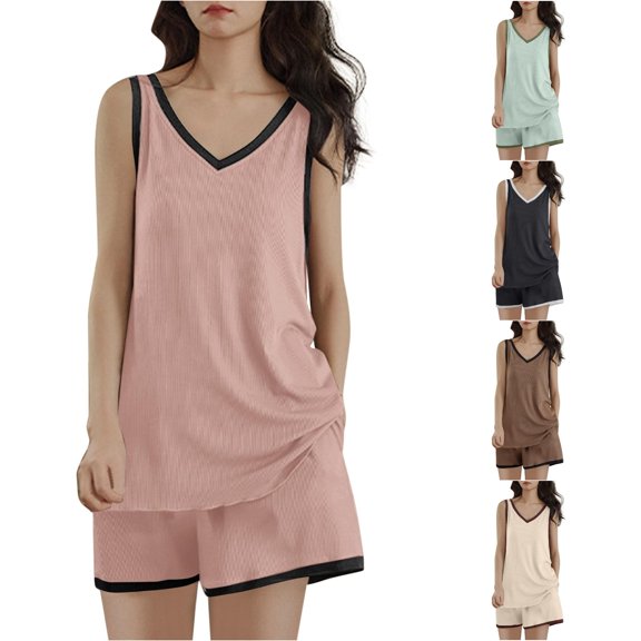 Tanghaowl Summer Pajamas for Women, Women Summer Ribbed Knit Pajama Sets V Neck Sleeveless Tank Top with Shorts Sleepwear Loungewear Nightwear Pink M