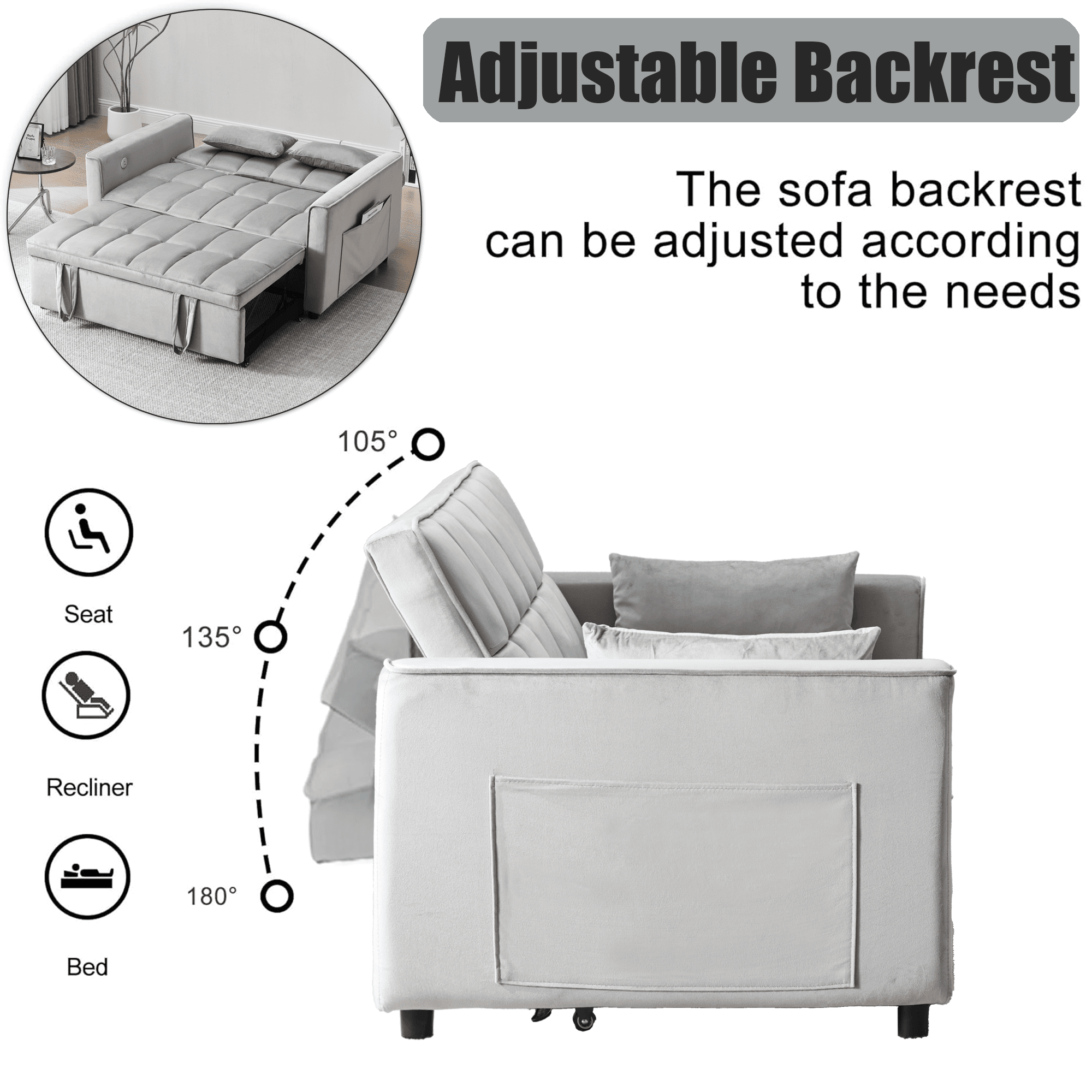BINBANK Velvet 3-in-1 Convertible Sleeper Sofa – USB Charging, Adjustable Backrest Pull-Out Loveseat Couch for Living Room, Apartment & Small Space,Gray