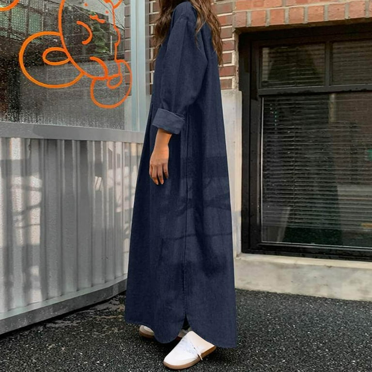denim dress plus size winter Plus Size Daily Blue Button Overall Tencel Denim Maxi Dress