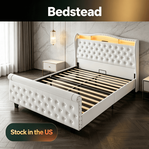Fompes Queen Size Bed Frame,Beige Bedstead,Velvet Upholstered Bed Frame with LED Light, Built-In Charging Station, Storage Space,87" X 63" X 52"