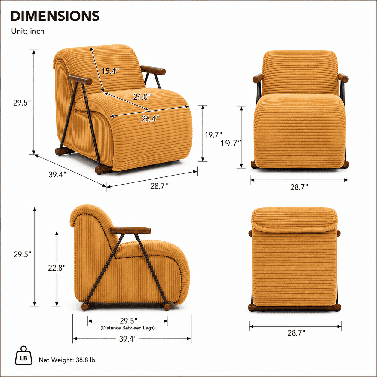 MOONMISS Corduroy Accent Chair, Upholstered Lounge Armchair with Solid Wood Armrests & Minimalist Metal Frame for Living Room, Bedroom,Yellow
