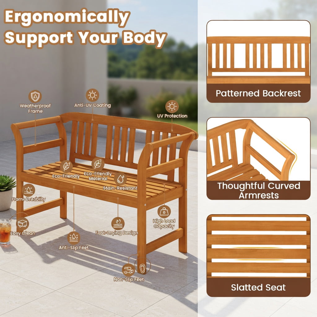 Hommoo Acacia Wood Outdoor Loveseat for 2, Sturdy Patio Bench with Backrest & Armrests, Easy Assembly, Natural