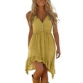 thumbnail image 2 of Guieoi Summer Dresses for Women under $10 Plus Size Solid-Color Casual Washed Wrinkle Button-Down Hem Asymmetrical Ruffled Sleeveless Dress Yellow XXL, 2 of 6
