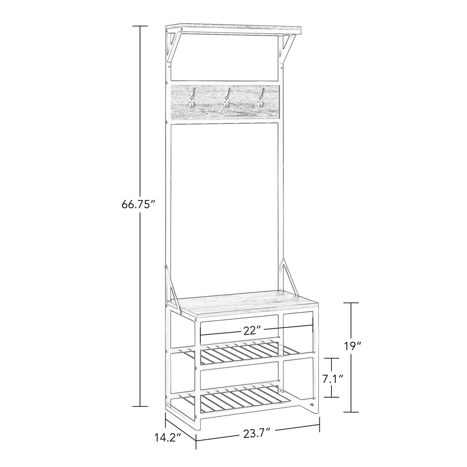 RiverRidge® Home Afton Collection 66.75-inch H x 23.69-inch W x 14.19-inch D Metal Frame Hall Tree in Weathered Wood