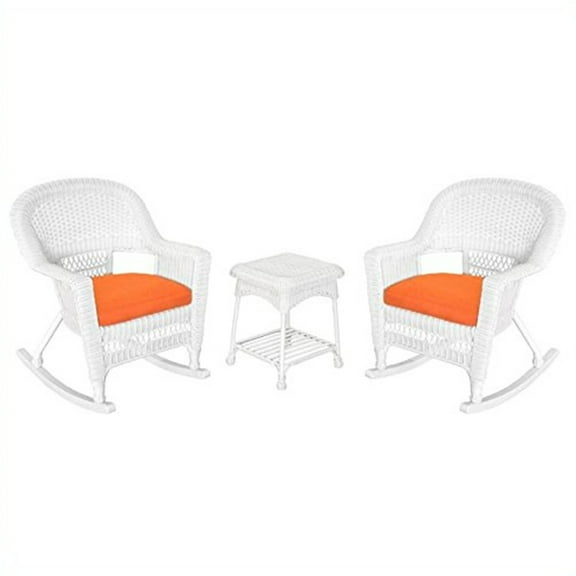 Jeco 3pc Black Rocker Wicker Chair Set With Orange Cushion-Finish:White
