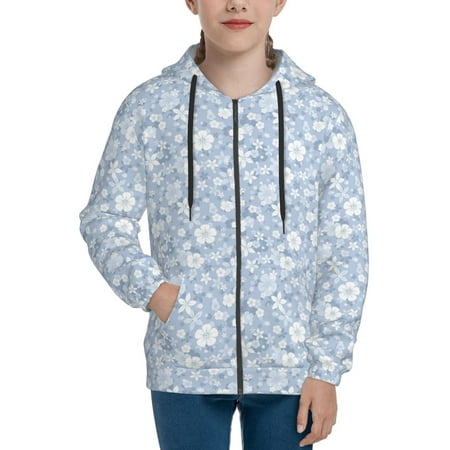 

Hoodies for Women Gray white floral Long Sleeve Sweatshirt Drawstring Zip Up Hoodie with Pockets Teen Girl Clothes