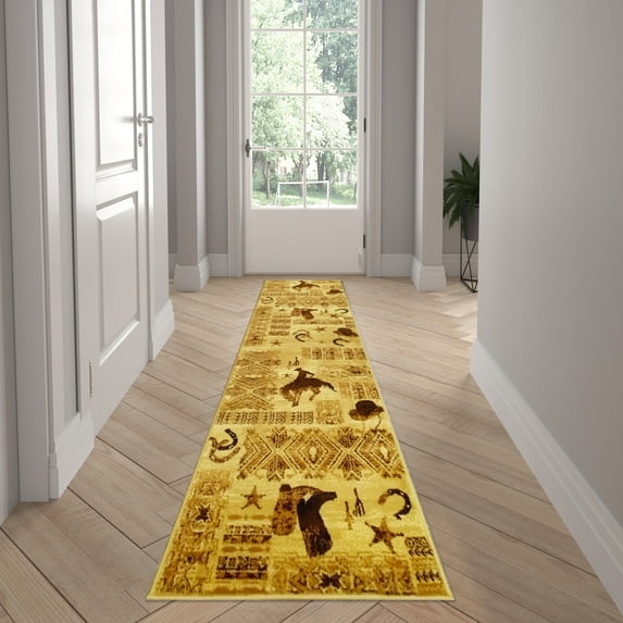 Emma + Oliver Brown 2'x7' Western Bucking Bronco and Cowboy Themed Accent Rug with Natural Jute Backing Suitable for Multiple Flooring Types