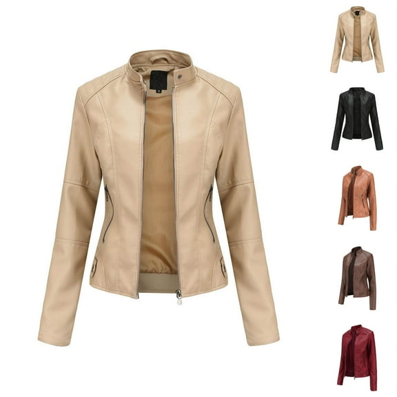 Faux PU Leather Jacket for Women Long Sleeve Slim Fit Stand Collared Zip Up Jackets Coat with Pockets Outerwear
