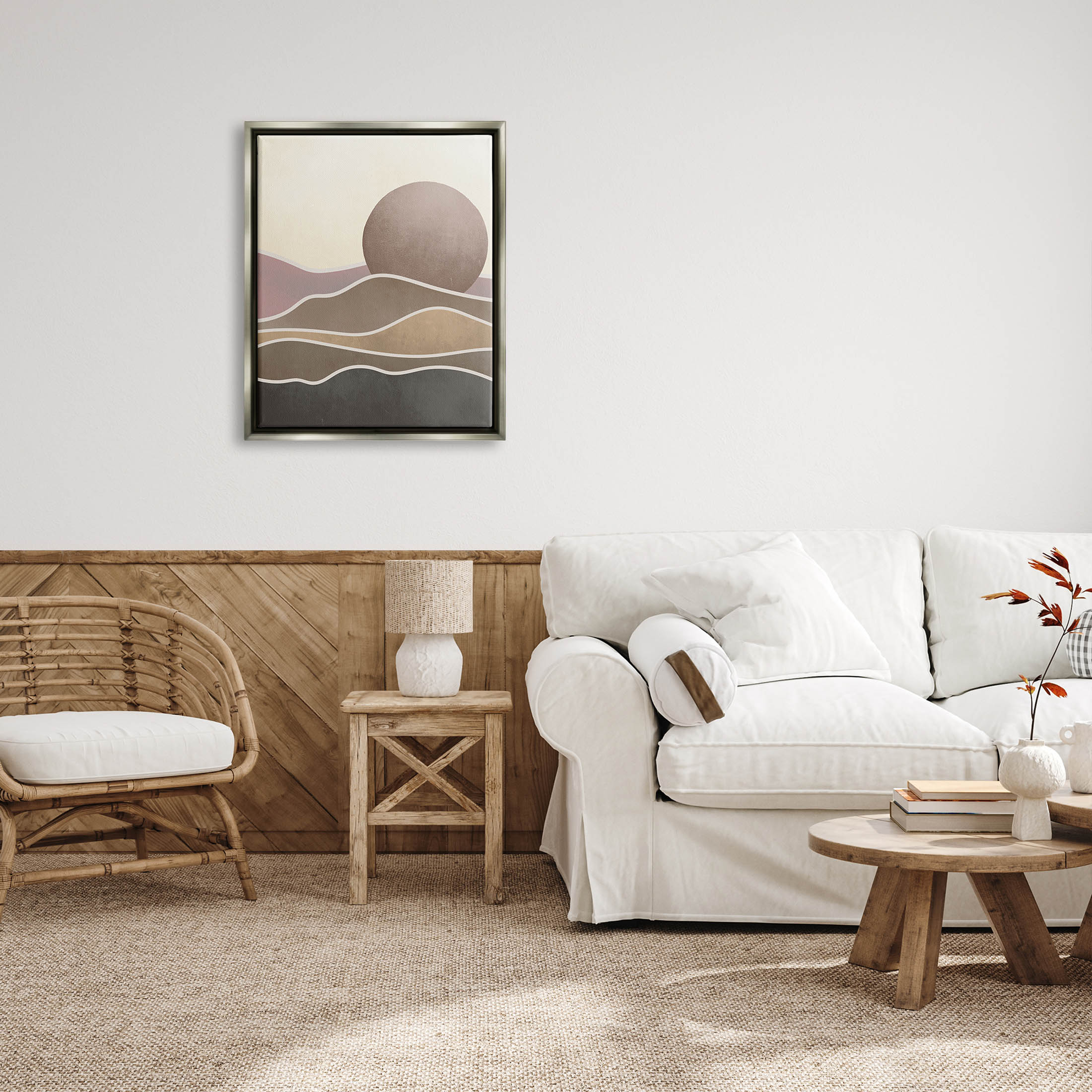 Boho Desert Sun Dunes Modern Landscape Graphic Art Luster Gray Framed Art Print Wall Art