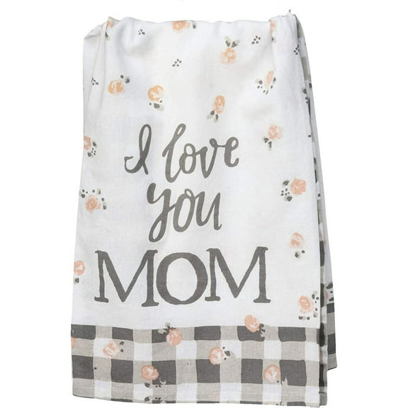 I Love You Mom Pink Roses and Plaid Trim Printed Kitchen Dish Towel