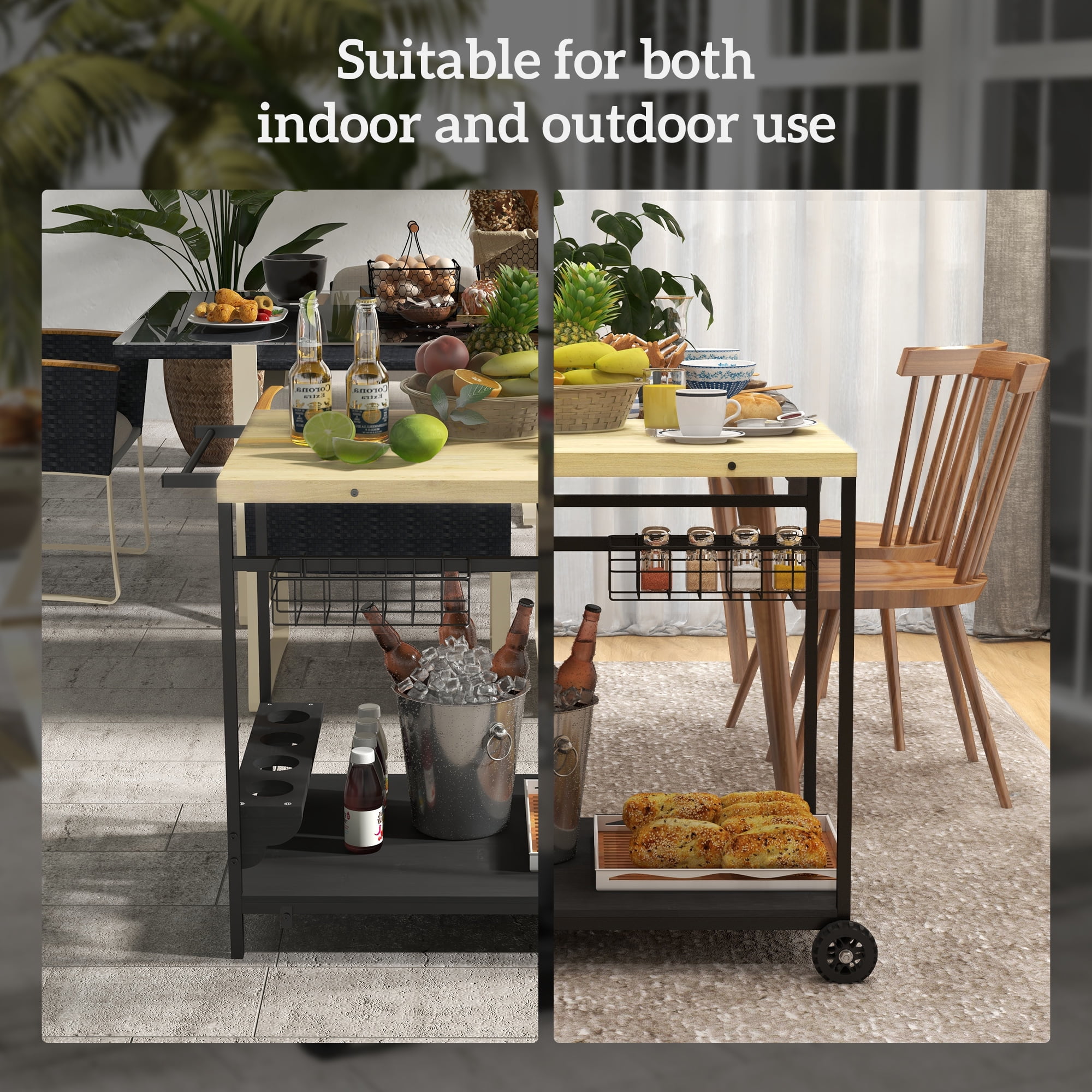 Outdoor Bar Cart, Patio Rolling Serving Cart with Wheels, Side Handle, 2 Storage Baskets and 4 Wine Bottle Holders, Indoor Outdoor Utility Cart for Garden Dining Room
