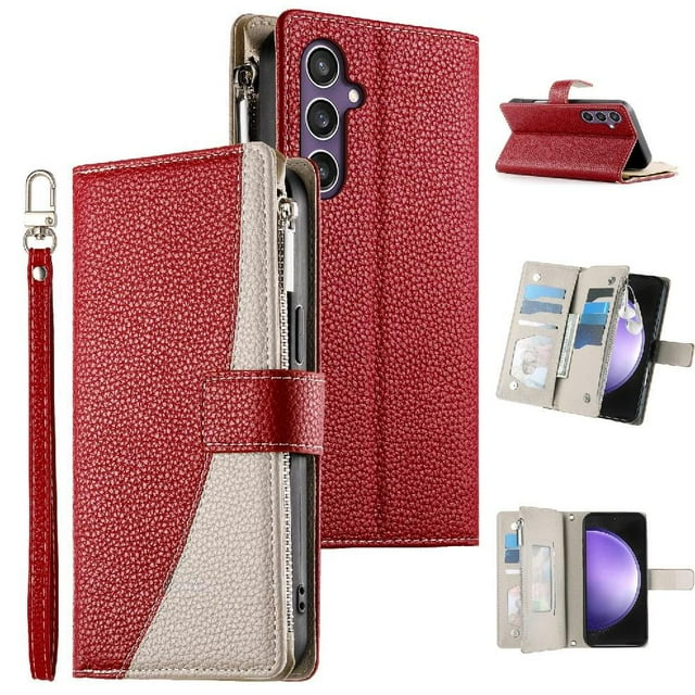 Funda cartera GANGXUN para Samsung Galaxy S23 FE , cuero PU con tarjetero, cremallera, correa de mano, soporte y protección 731°
