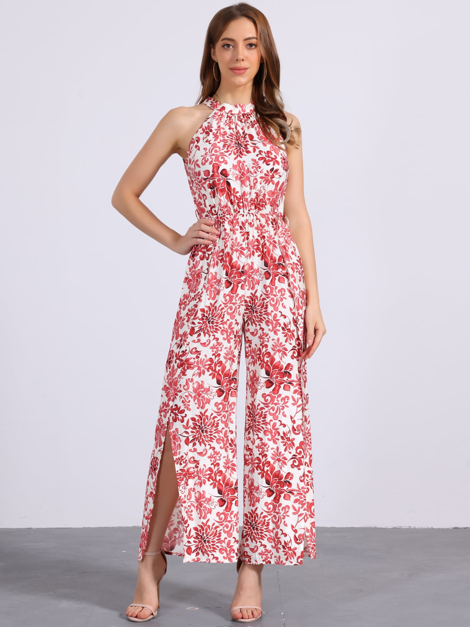 DARING DIVA Women's Casual Halter Sleeveless Boho Wide Leg Jumpsuit M Red