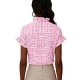 thumbnail image 5 of OGLCCG Womens Plaid Ruffle V Neck Button Down Shirts Casual Short Sleeve Gingham Trendy Tops Loose Fit Work Checkered Shirt,M,Pink, 5 of 8