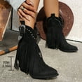 thumbnail image 4 of Women's Long Fringe Wide Calf Cowgirl Boots Boho Casual Suede Chunky Block High Heel Mid Calf Cowboy Dress Short Booties Black Size 7.5, 4 of 6