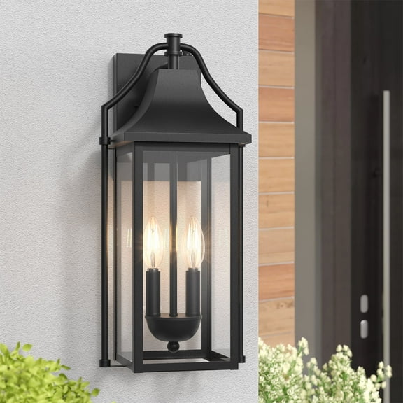 Lawyettle 18" Large Outdoor Wall Lantern with Dusk to Dawn Sensor, 2-Light Waterproof Black Wall Sconce with Glass for Porch, Garage, Front Door, Patio