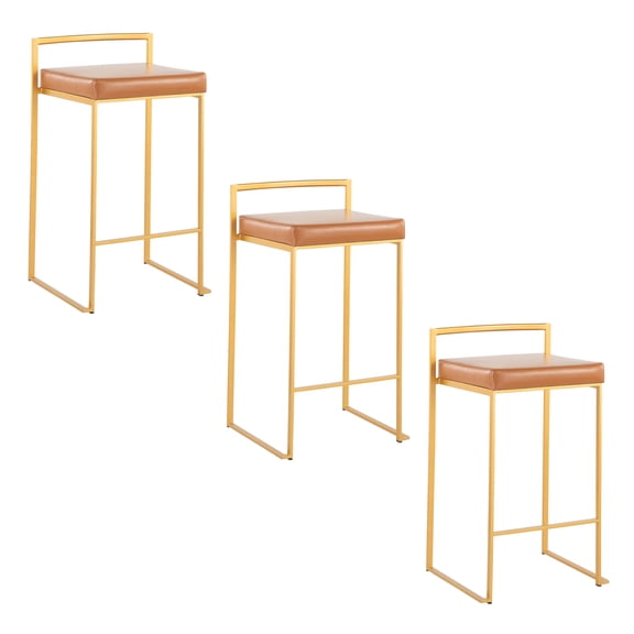Counter Stool, Set of 3 Contemporary Stackable Bar Stools with Camel Faux Leather Padded Seat and Gold Metal Frame, 26 Inch Fixed Height Seating for Kitchen Island and Dining Room