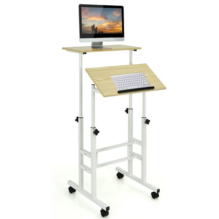 Costway Mobile Standing Desk Rolling Adjustable Laptop Cart Home Office Natural