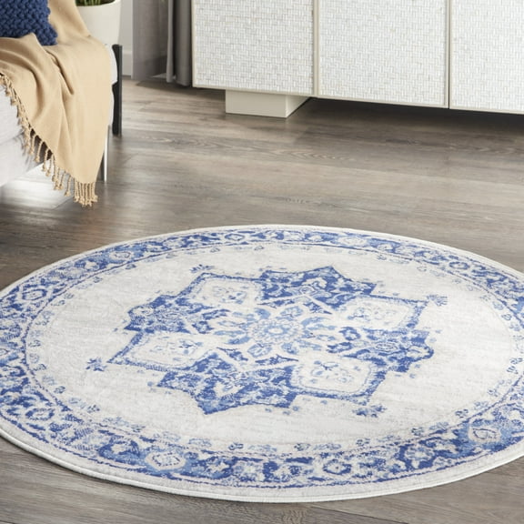 Nourison Whimsicle Persian Farmhouse Ivory Blue 5' x round Area Rug, (5' Round)